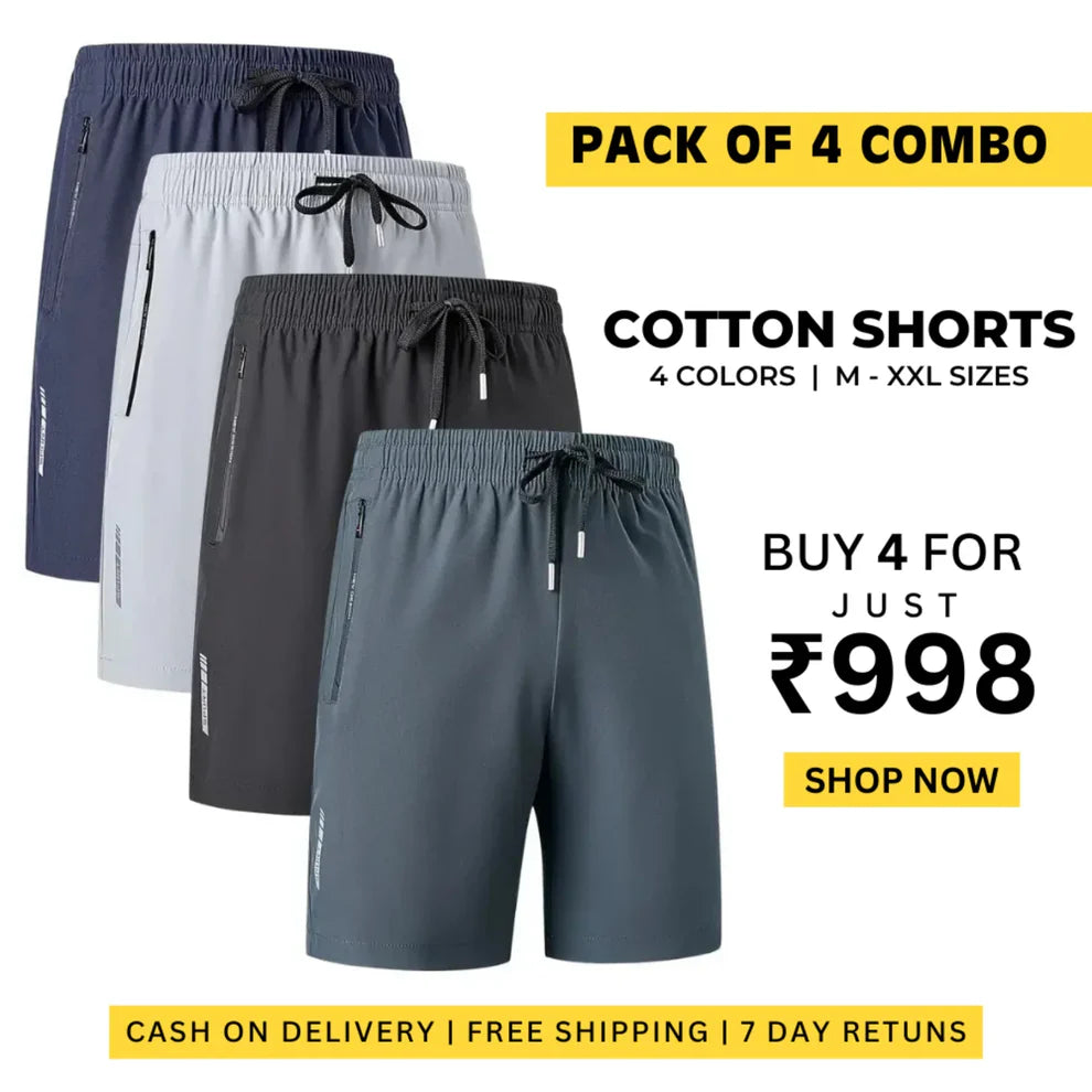 Combo of 4 Men's Stretchable Cotton Shorts (Half Pants) for Summers- Buy 1 Get 3 Free Regular