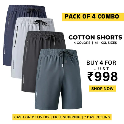Combo of 4 Men's Stretchable Cotton Shorts (Half Pants) for Summers- Buy 1 Get 3 Free Regular